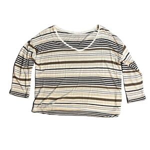 J. JILL Small Petite Blouse Brown White Striped Rayon Tencel Lyocell 3/4 Sleeve